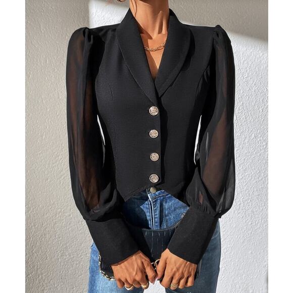 Shein Black Chiquease Contrast Mesh Bishop Sleeve Shawl Collar Blazer Large - Picture 3 of 9